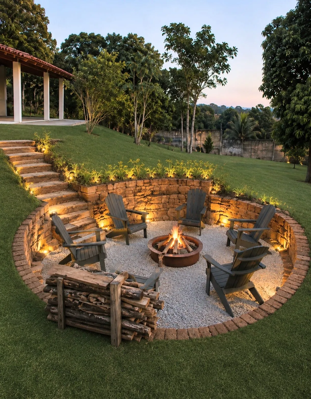 Projeto de paisagismo com área externa, jardim e lareira